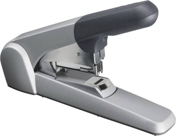 A silver stapler with a black handle is resting on a surface.