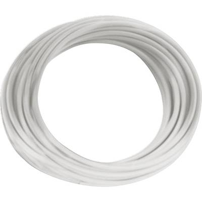 A white cable is coiled into a neat, round circle.