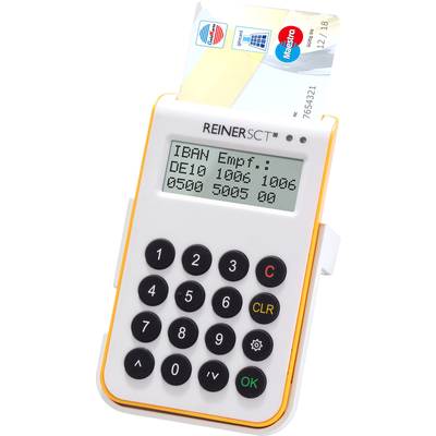 A white card reader with a keypad. A card with Maestro and Mastercard logos is being inserted. A display shows 'IBAN Recipient:'.