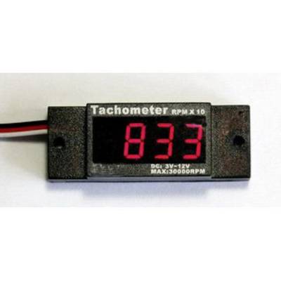 A tachometer is displaying a rotational speed of 833 rpm. Above it is written 'Tachometer'. Underneath: 'DC: 3V - 12V MAX: 30000 RPM'.