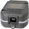 A black, rectangular electronic device with a square socket on the front and a recessed screw mount beneath it.