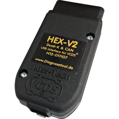 A black HEX-V2 USB interface for VCDS, with yellow text and the website 'www.diagnosetool.de' printed on it.