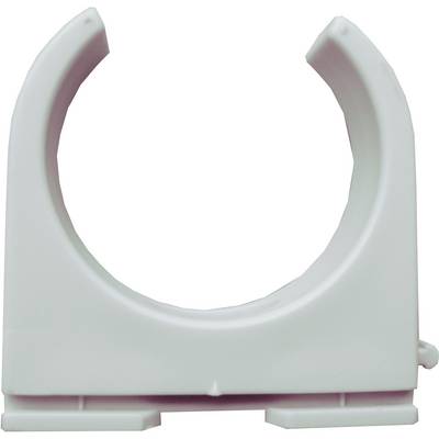 U-shaped plastic pipe clip used for securing pipes to walls or ceilings. It has no visible screws.