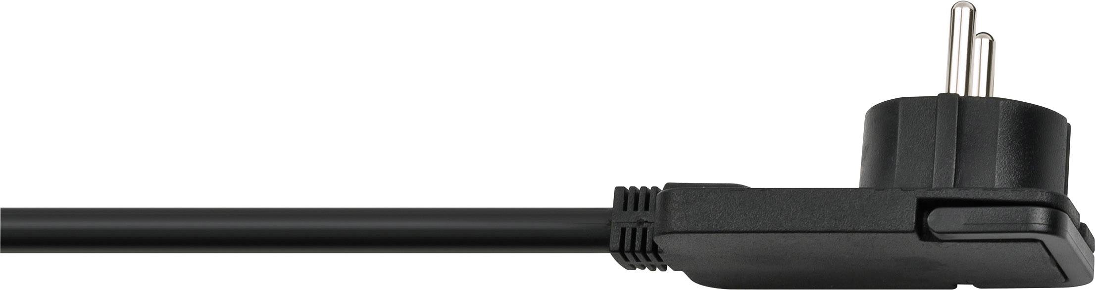 'Black, angled plug with three round contact points and cable, horizontally positioned on a neutral background.'