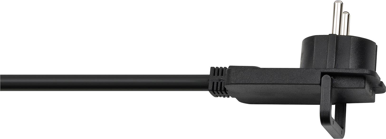 Black, angled three-pin plug with a long cable, lying on a white background.