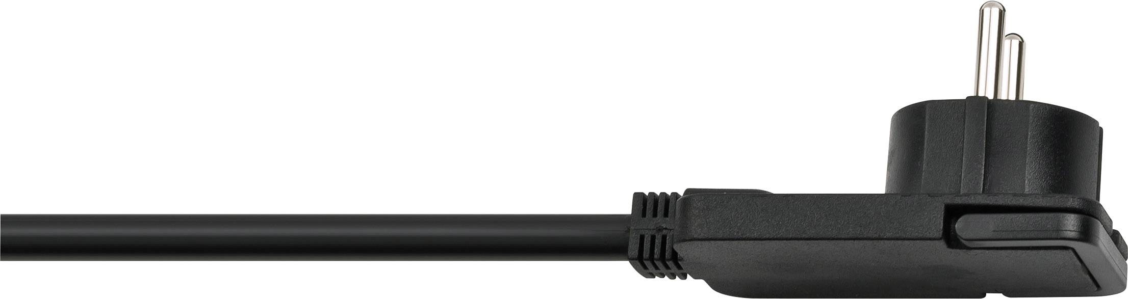 Black network cable with a European plug, positioned horizontally, against a white background.