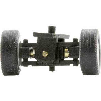 Two black model tyres on an axle, connected by a black mounting bracket in the centre, suitable for toy cars.