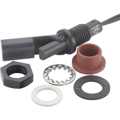 Plastic and metal components of a sensor with screw mounting, featuring red, white, and black rings and a black screw connection.
