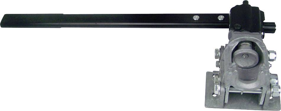 Industrial metal hand lever, mounted on a base, used for manual control of mechanical applications.