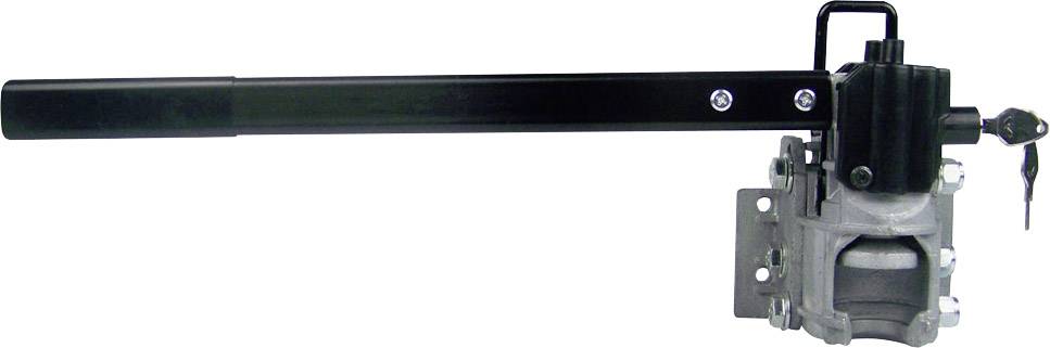 Pivoting drawbar lock with a long black lever and key lock, mounted on a metal base.