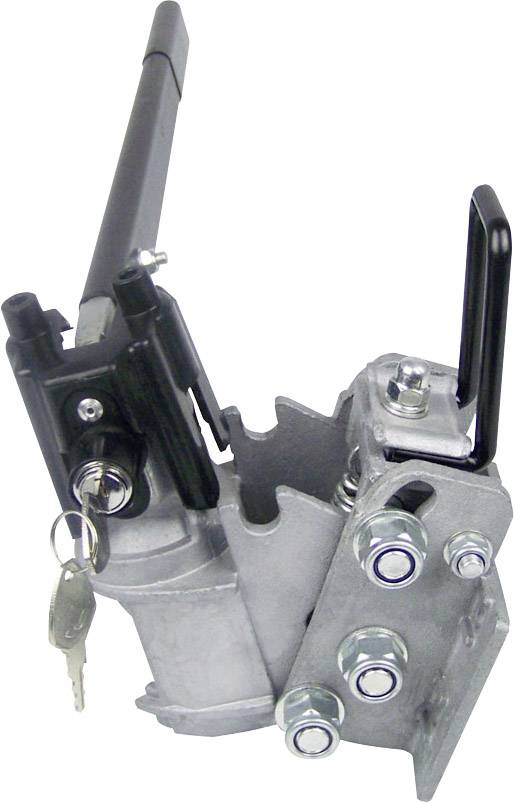Metallic lifting mechanism with key and handles, used for securing or lifting applications. Connected by bolts.