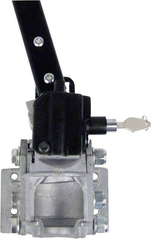 The image shows a black locking mechanism with a key, mounted on a silver metal fitting.