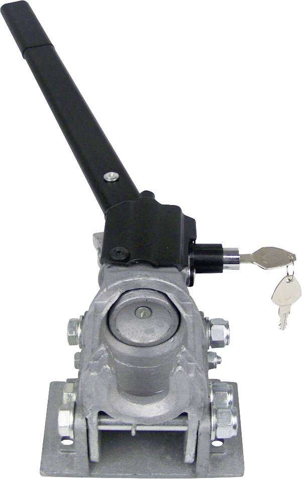 Hand brake with key and lock. It is used to secure trailers. Main components: lever, cylinder, and mounting plate.