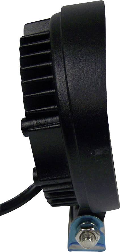 A side-mounted black LED spotlight with heat sinks and cable, mounted on a blue bracket.