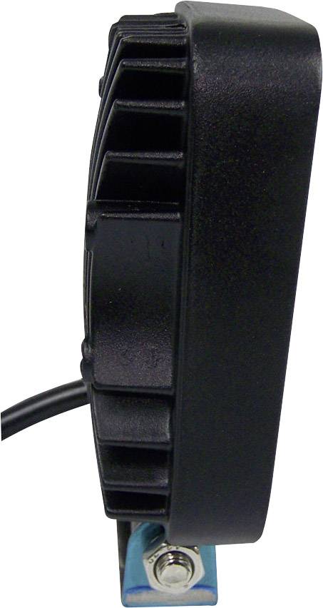 Side view of a black enclosure with cable, mounted on a blue bracket using a screw.