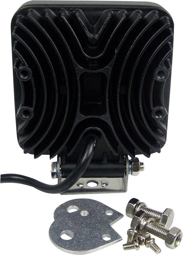 A black LED work light with a finned back, mounted on a bracket. Six loose screws and a metal plate are positioned nearby.