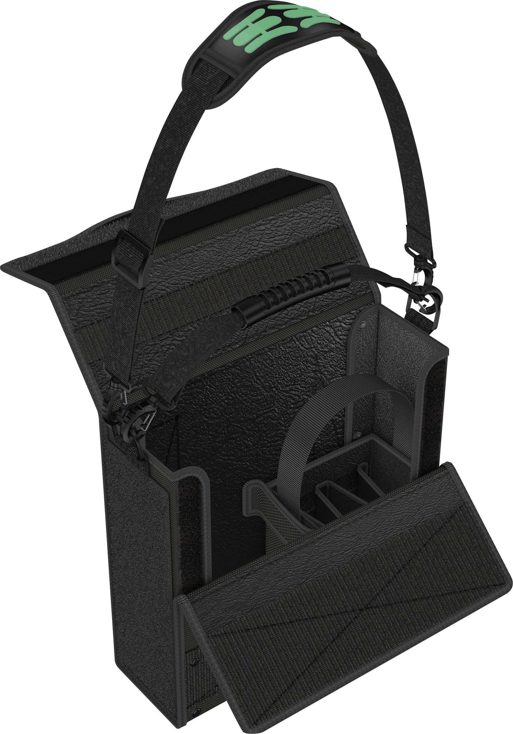 A black, robust tool bag with an adjustable shoulder strap and multiple internal compartments for storing tools.