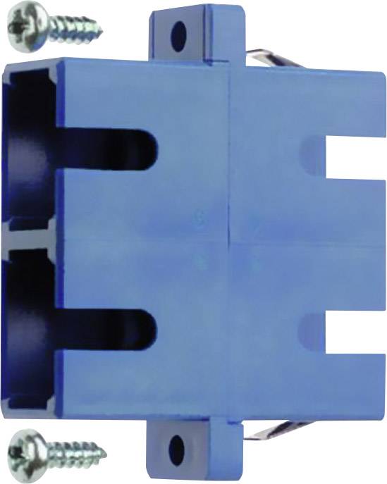 Blue plastic installation enclosure with rectangular openings and two accompanying screws, suitable for electrical connections.