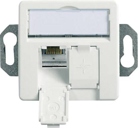 Single network socket in white, mounted on a metal plate, with open connection for network cable.