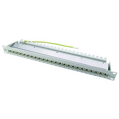 Patch panel with 24 Ethernet ports, linearly arranged in a metal frame, with cable management rail on top, suitable for network cabling.