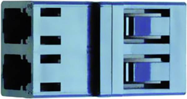 A double USB connection, with two ports stacked vertically, in a metal casing.