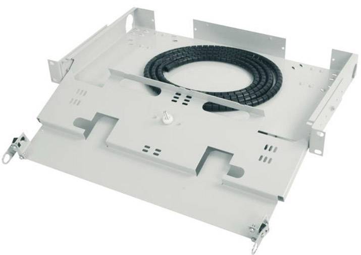 Metallic enclosure with coiled cable on a pull-out tray, suitable for network or communication devices.
