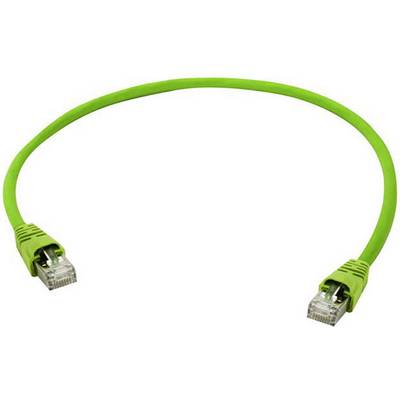 Green Ethernet cable with two RJ45 connectors at the ends, used for connecting network devices.
