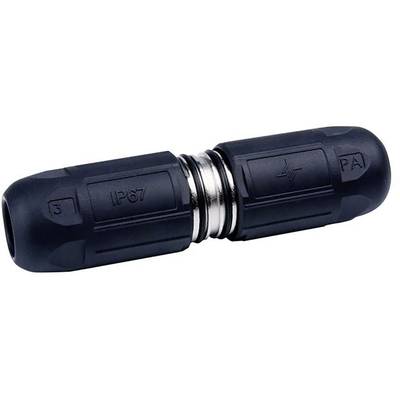 Black waterproof cable connector with IP67 rating, suitable for outdoor use.