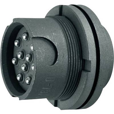 'A round electrical plug with nine metal pins, suitable for technical connections and wiring.'