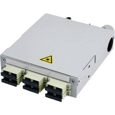 A rectangular metal enclosure with a yellow warning symbol for laser radiation and several fibre optic connections on the front panel.