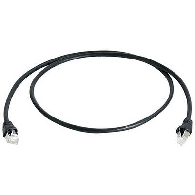 A black Ethernet cable with two RJ45 connectors at the ends, used for connecting computers in a network.