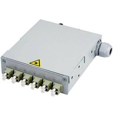 Grey-white fibre optic splice distributor with four LC adapter ports and a laser warning symbol. Suitable for network installations.