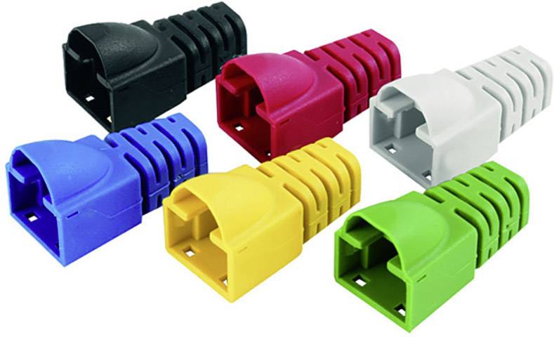 Six colourful network cable covers in black, red, blue, yellow, green and white are lying side by side.