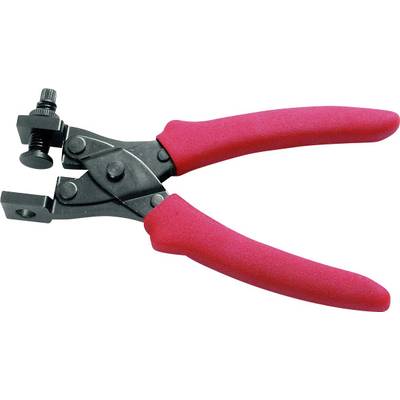 Red wire cutters with a black, adjustable head, suitable for cutting materials or wires.