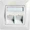 Double network socket in white wall plate with two covers and labelling field at the top.