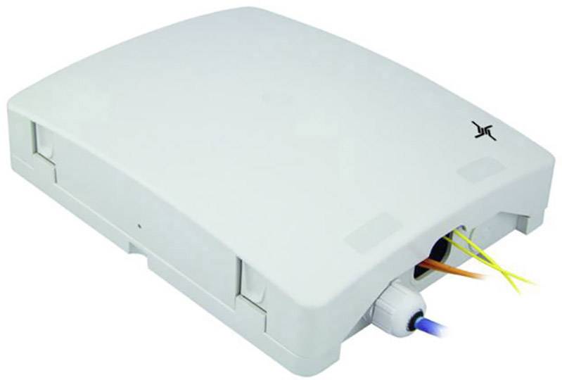 White network housing box with protruding cable connections.