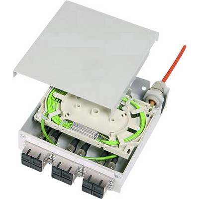 Cable junction box with an open lid, revealing green cables and connections inside. Outer casing with multiple cable connections at the bottom.