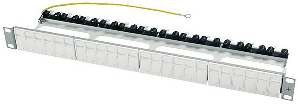 A patch panel with 24 ports, mounted on a metal bracket, with a yellow earthing cable at the top.