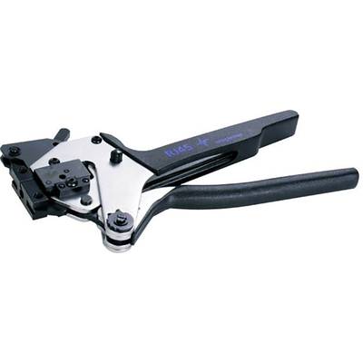 A metal and plastic RJ45 crimping tool used for installing network connectors on cables.