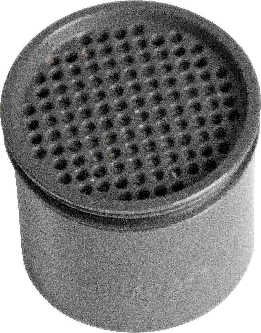 Black tap spray regulator with numerous small holes to control water flow and reduce splashing.