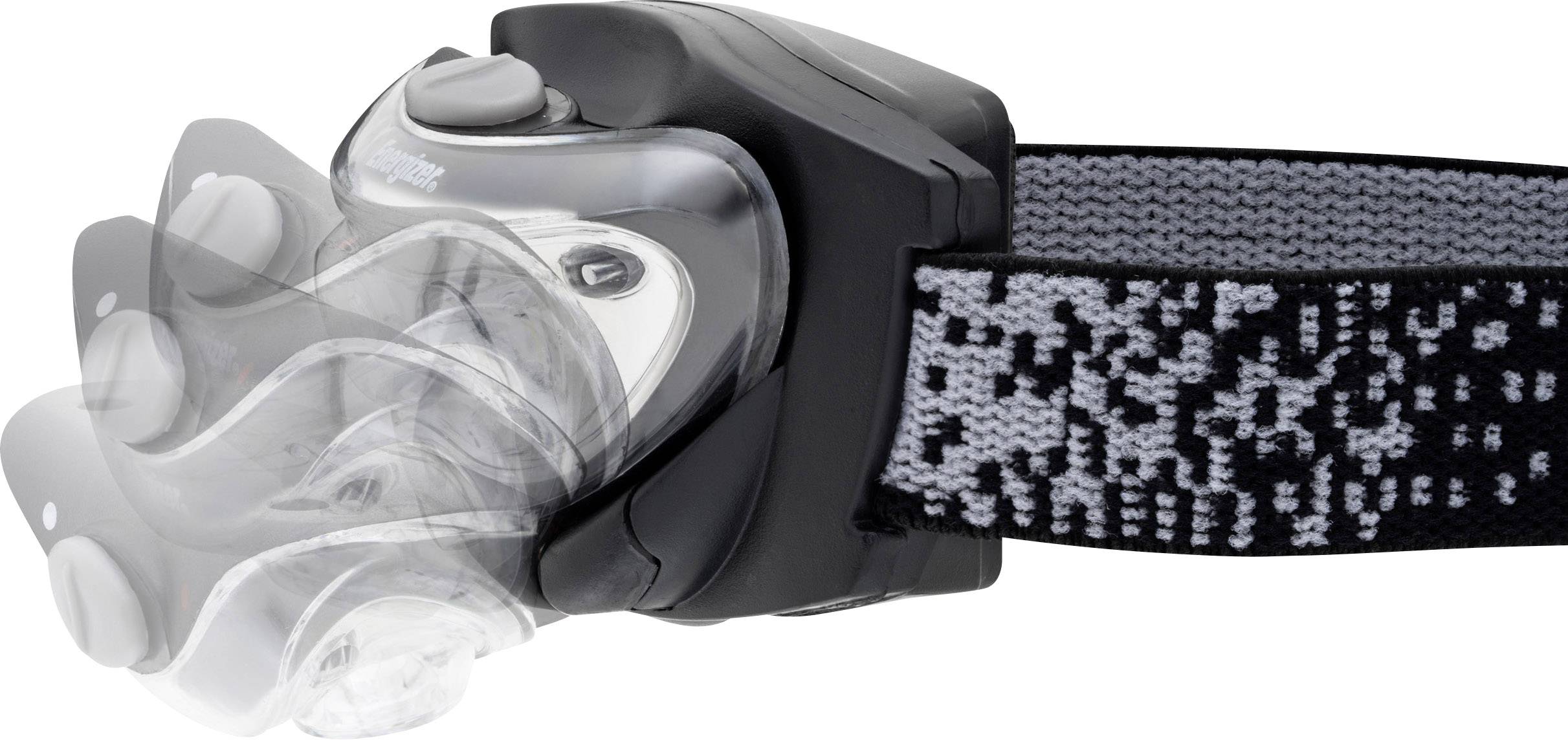 A head torch with an adjustable tilt angle and elastic headband, in a black and grey pattern.