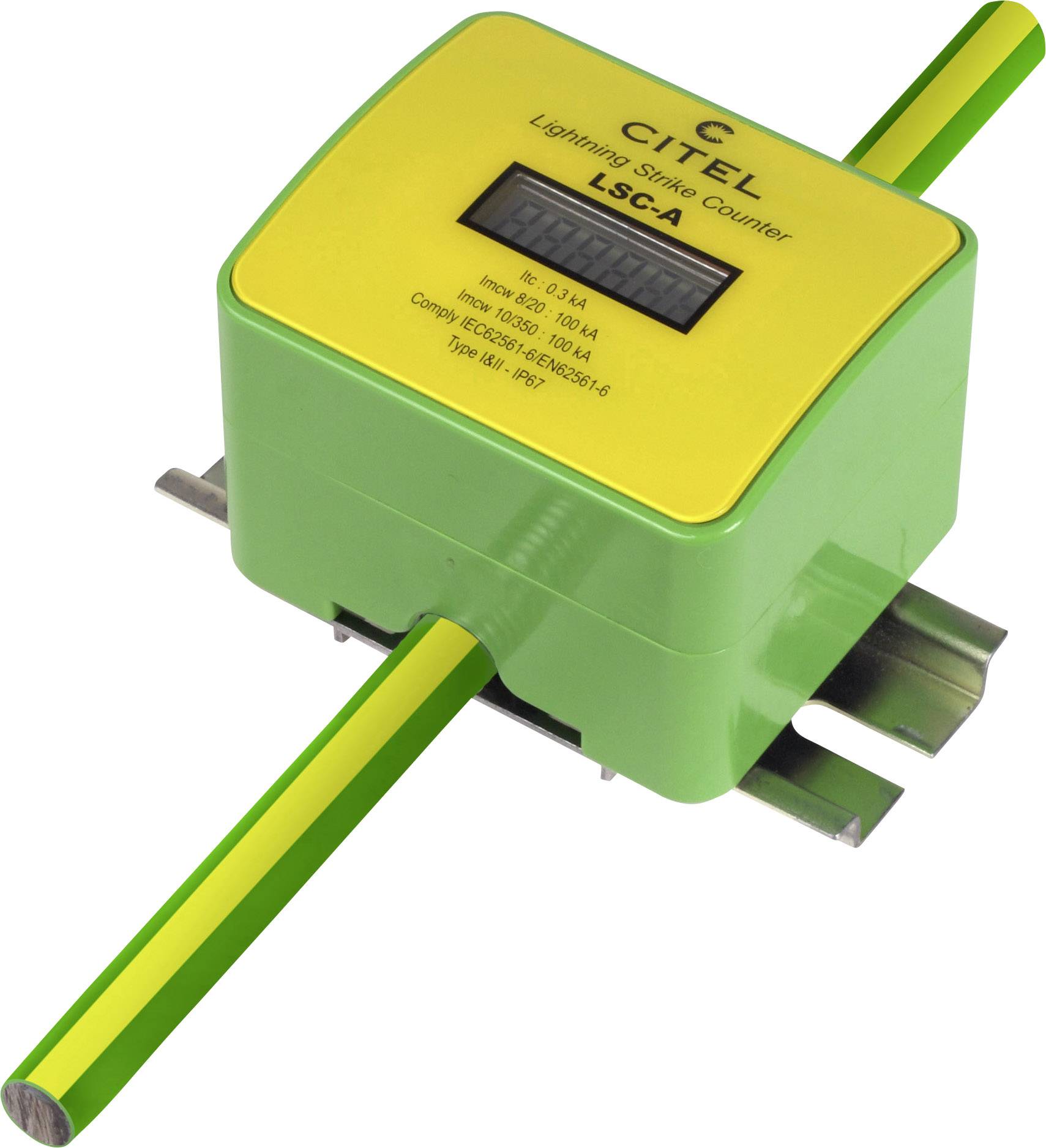 A green and yellow device for measuring lightning strikes with the inscription 'Lightning Strike Counter LSCA'. Two cables are connected.