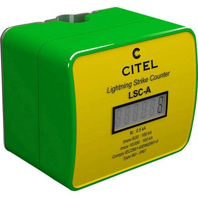 Green and yellow device with a display, shows the number of lightning strikes. Text: 'CITEL Lightning Strike Counter LSC-A'.