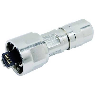 A silver RJ45 network plug with a robust metal casing, suitable for industrial applications.