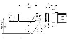 Technical drawing of a mechanical arm with dimensions and angle specifications. The arm shows an axis and movable parts.