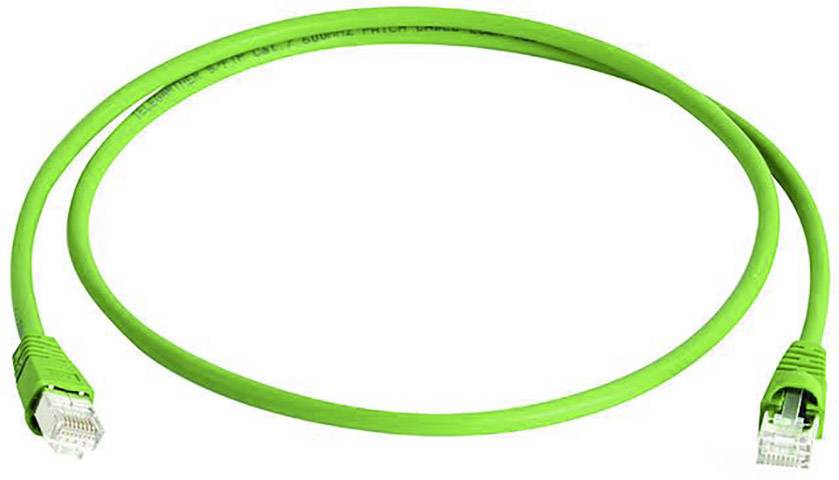 A green Ethernet cable with two RJ45 connectors at its ends, characterised by its flexible and slim design.