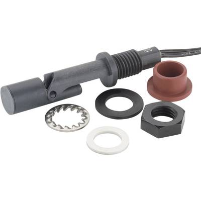 Several mechanical parts, including a cylindrical sensor, a red bush, seals and a toothed ring, are lying on a surface.