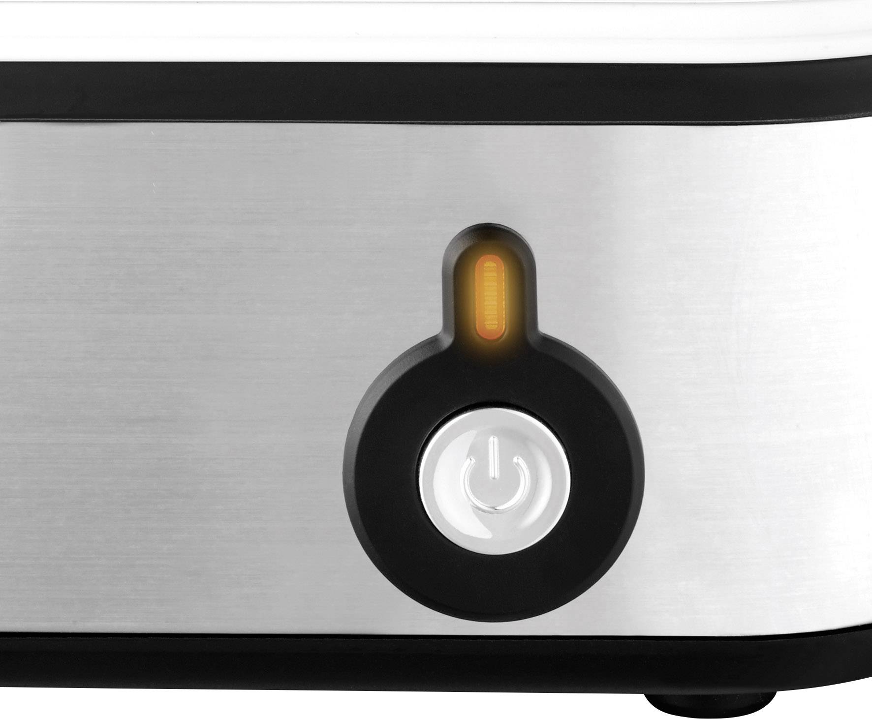 A silver toaster with an illuminated on/off switch that glows orange.
