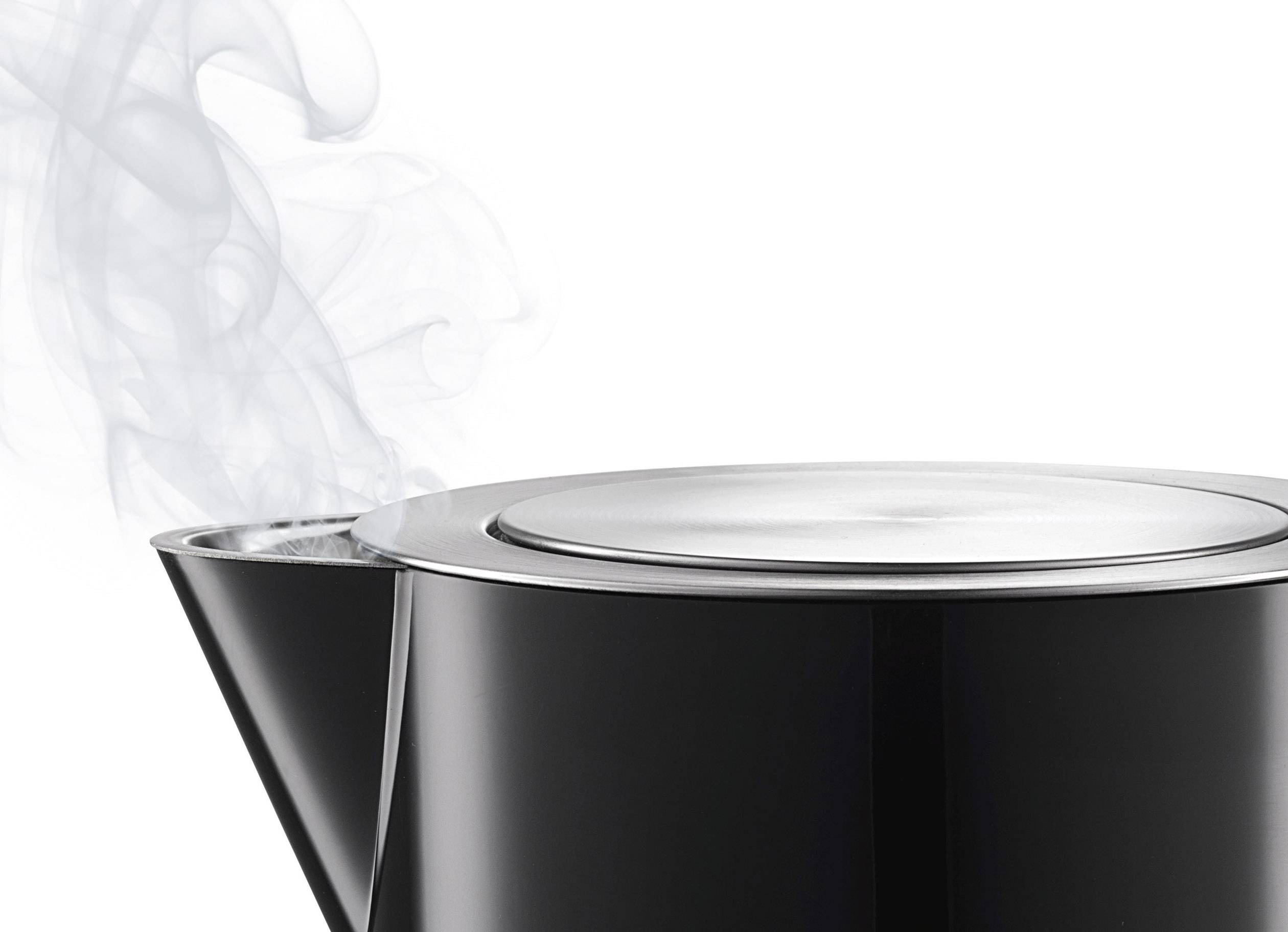 A black kettle with steam escaping from the spout, set against a white background.