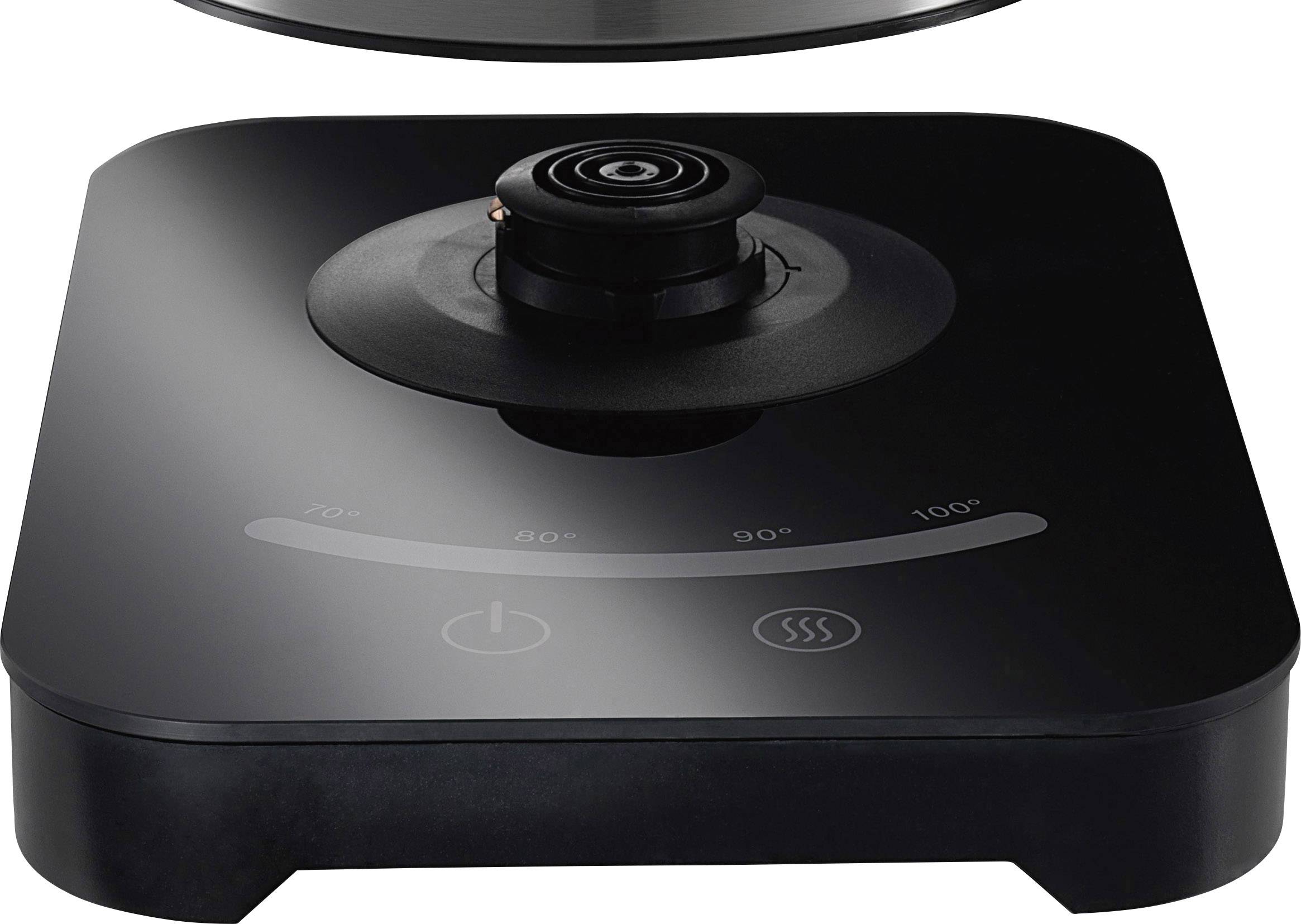 A black, rectangular induction hob with a temperature display, showing 70 to 100 degrees. A pot stand is mounted in the centre.